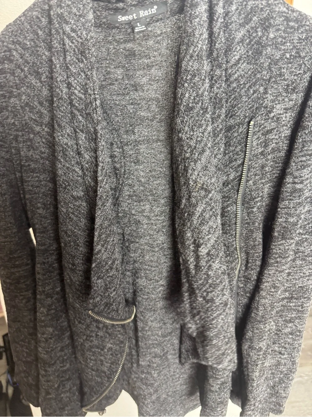 Sweet Rain Charcoal Gray Zip-Front Knit Cardigan Sweater Size Large